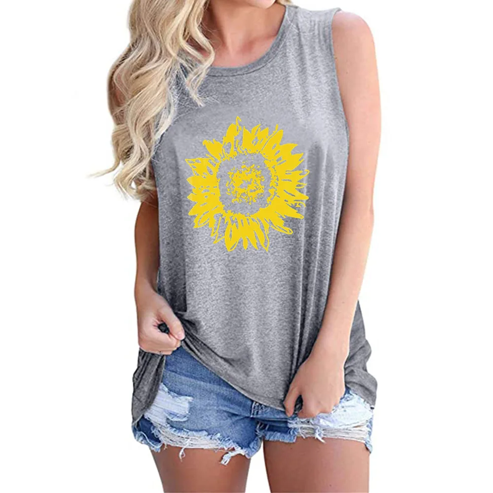 

Summer cross-border foreign trade women's vest sunflower pattern print loose round collar sleeveless t-shirt