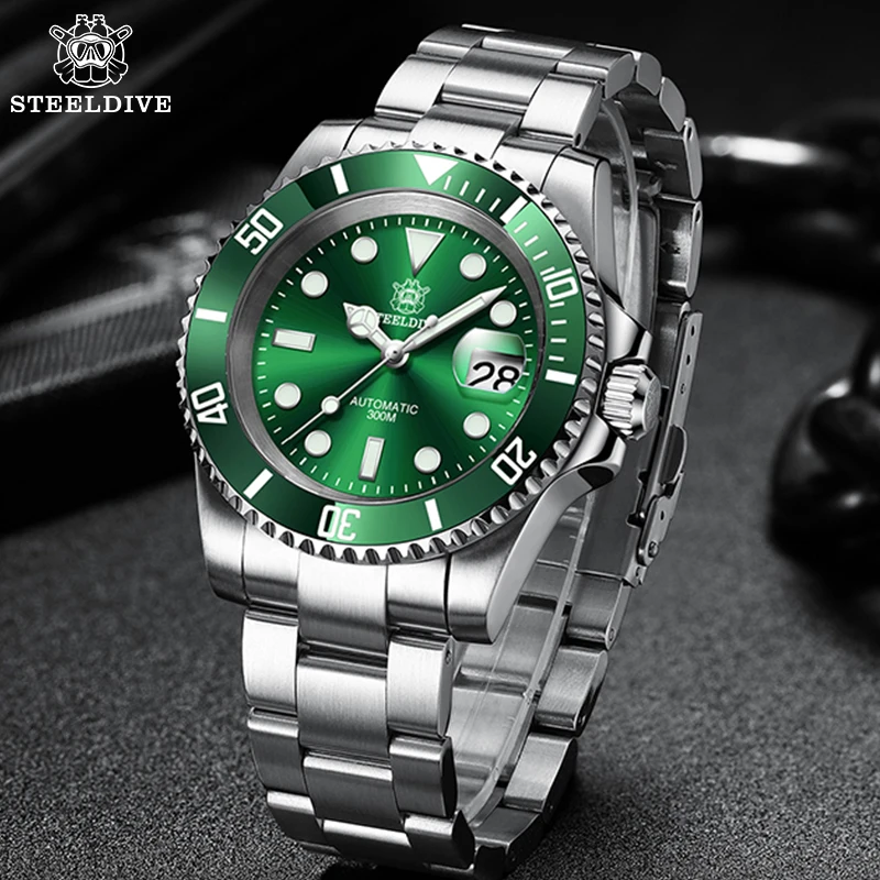 Часы Steeldive Green ghost king для дайвинга 300 м водонепроницаемые NH35 автоматические часы