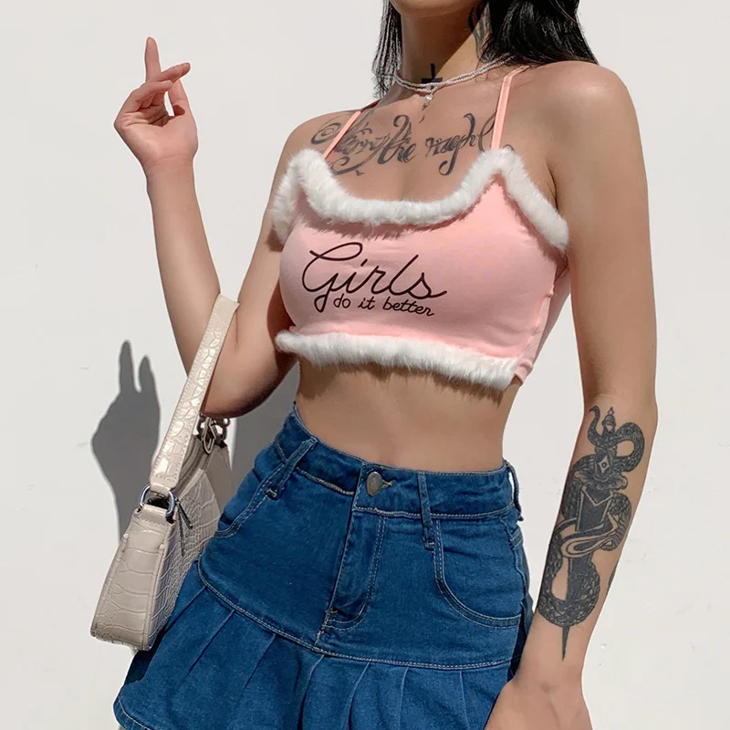 

ZOVSV Print Letter Bandage Cropped Top Bustier Women Tank Top Backless Sleeveless Villus Halter Short Fashion Cotton TShirt