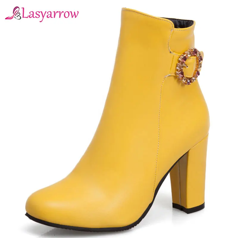 

Женские ботильоны Lasyarrow на высоком каблуке, ботинки на молнии с круглым носком, зимние женские ботинки, белые, желтые, черные ботинки, женска...