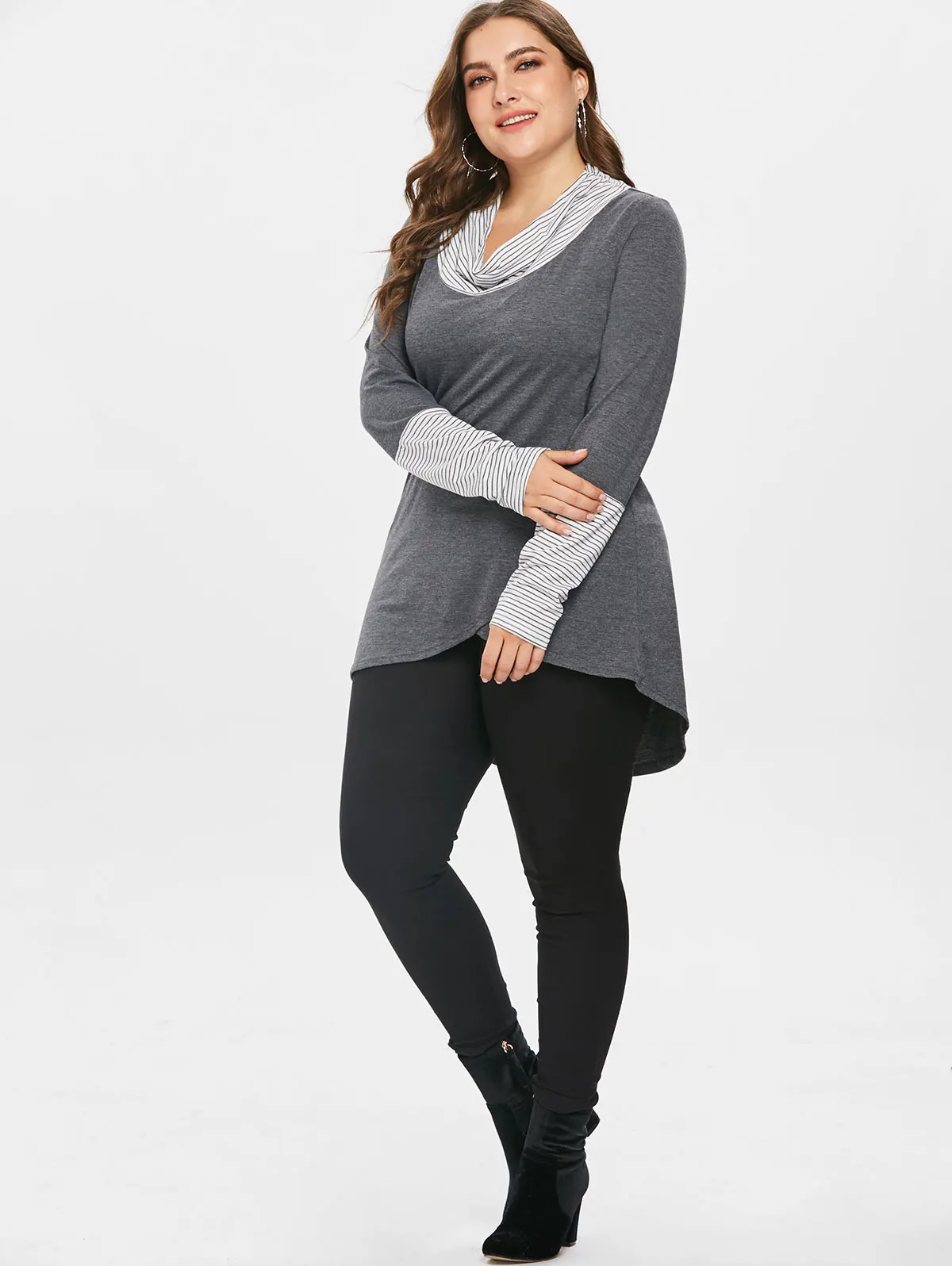 ROSEGAL плюс размер полосатая Высокая Низкая футболка с длинными рукавами Хомут