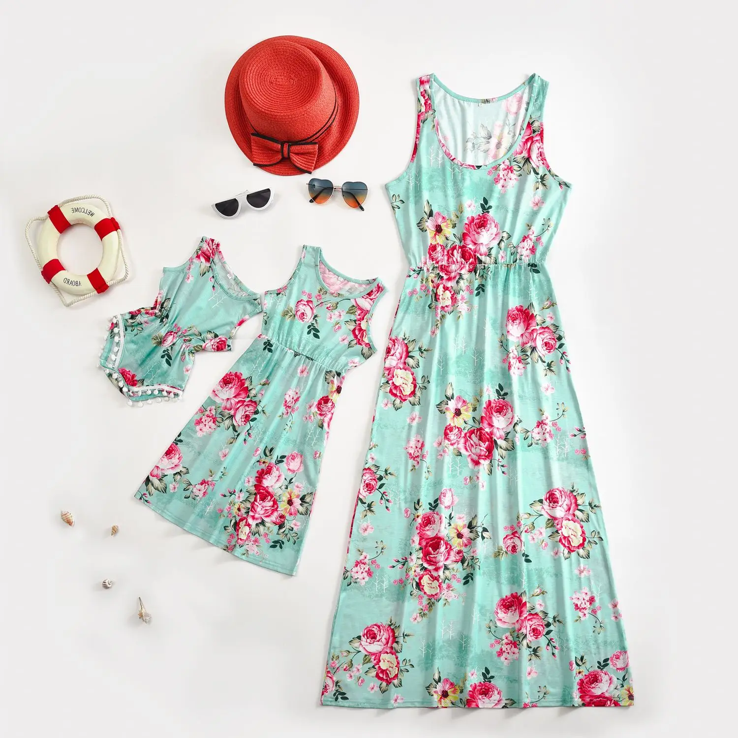 

Family Matching Outfits Mom Daughter Patchwork Floral Sleeveless Dresses Mommy and Me Clothes Mother and Daughter Family Outfits