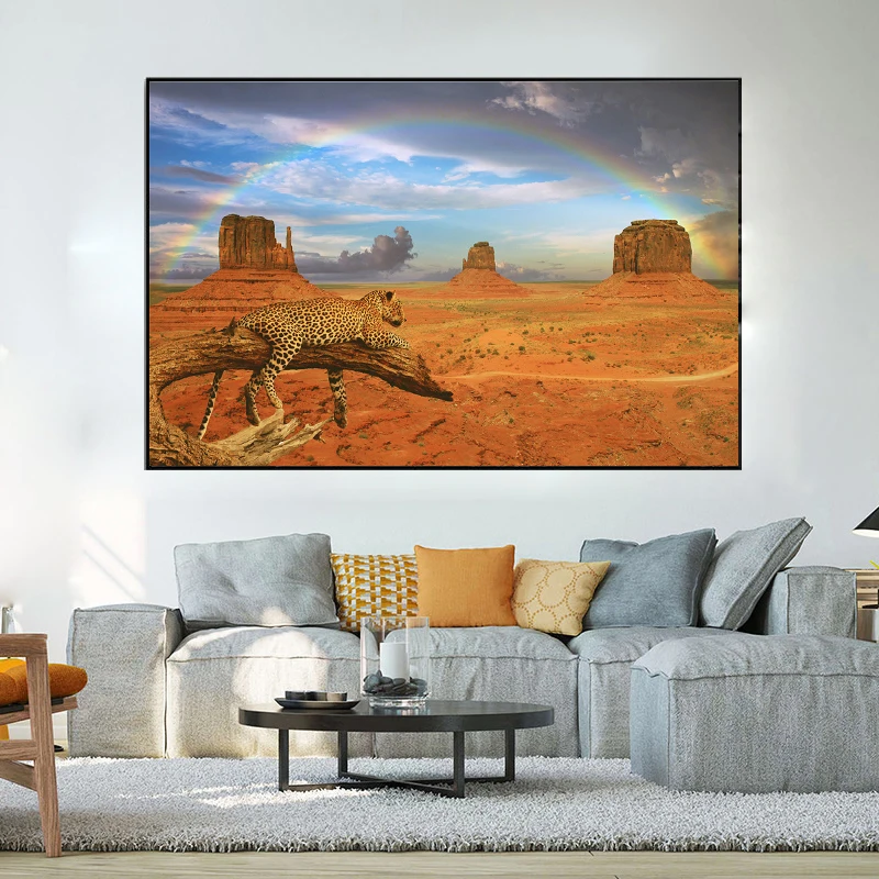 

Canvas Painting Wild Animal Leopard Wall Art Natural Rainbow Scenery Poster Print Wall Picture for Living Room Home Decoration