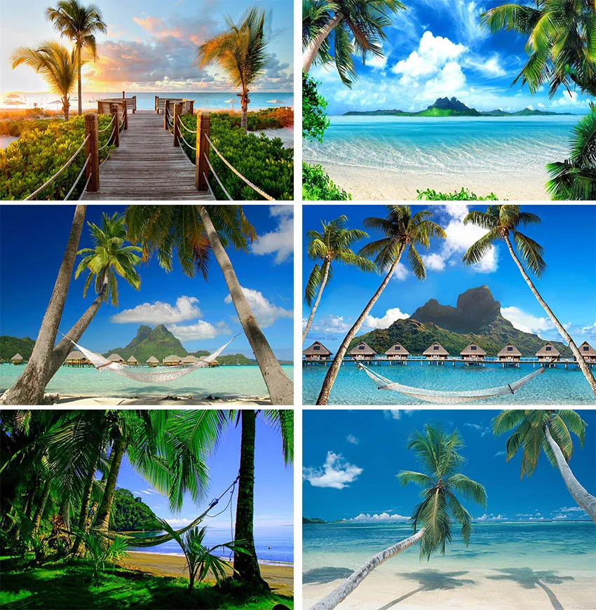

Sea Beach Sand Cloudy Blue Sky Scene Summer Beach Photography Backdrop for Photo Studio Tropical Palms Coconut Tree Background