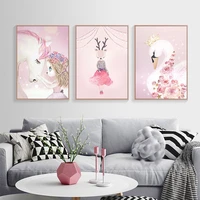 fantasy cartoon unicorn posters miss rabbit white swan picture little girl princess dream children room wall decoration painting