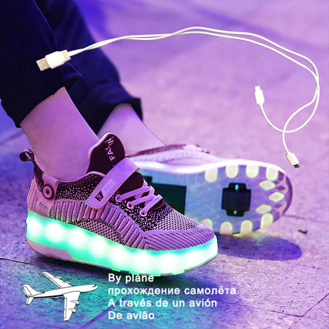 

Children Boys Luminous Glowing Sneakers with Double / Two Wheels Roller Skate Shoes Adult Kids USB Charging Shoes Black Girls
