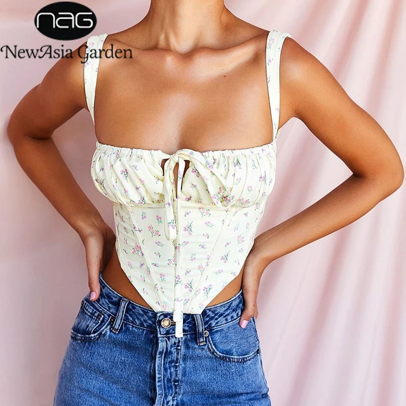 

NewAsia Floral Corset Women Sweet Print Hollow Up Tie Up Sexy Crop Top Summer Sleeveless Ruched Boning Bustier Casual Tank Top
