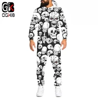 ogkb 3d white skull print loungewear pajamas unisex loose casual hooded zip open sleepwear onesies for adult jumpsuits wholesale