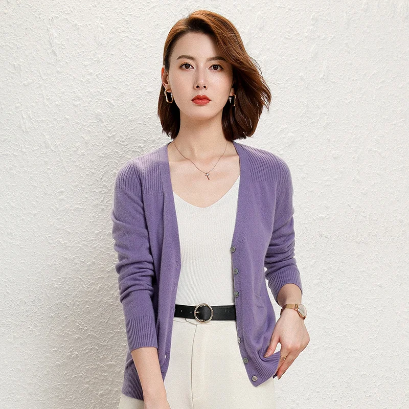 

Лидер продаж, модные мягкие свитера высшего класса для женщин, вязаный женский зимний Кардиган из 100% шерсти с V-образным вырезом, стандартна...