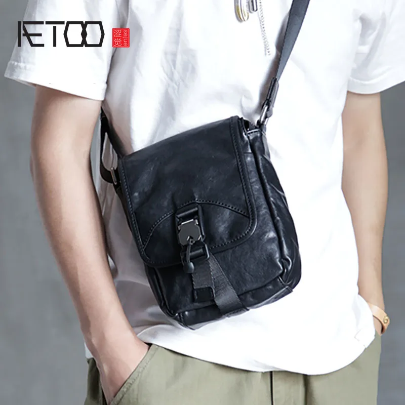 AETOO Genuine leather men's shoulder bag, first layer cowhide casual messenger bag, trendy men's shoulder bag