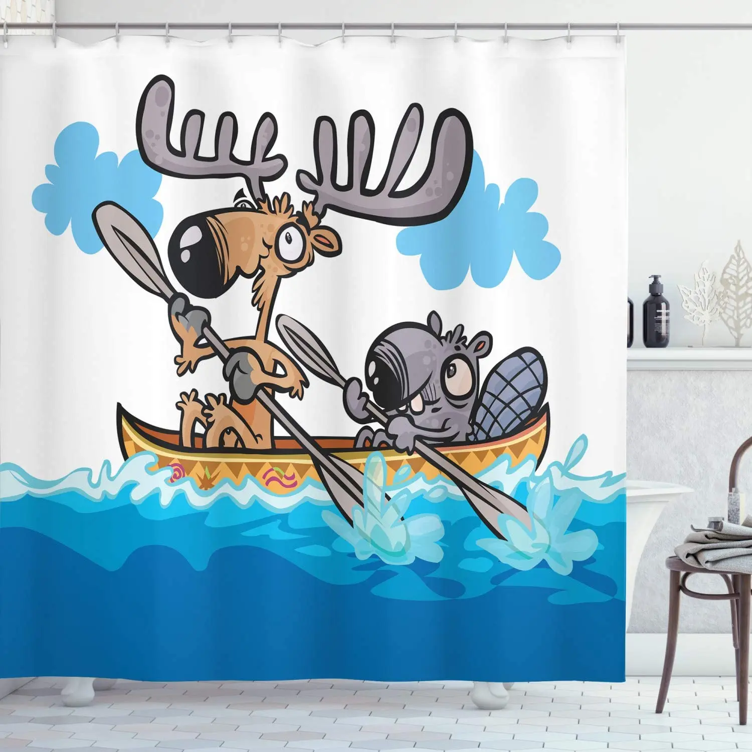 

American Animals Boat Beaver Friend Canoe River Fun Native Characters Cartoon, Cloth Fabric Bathroom Décor
