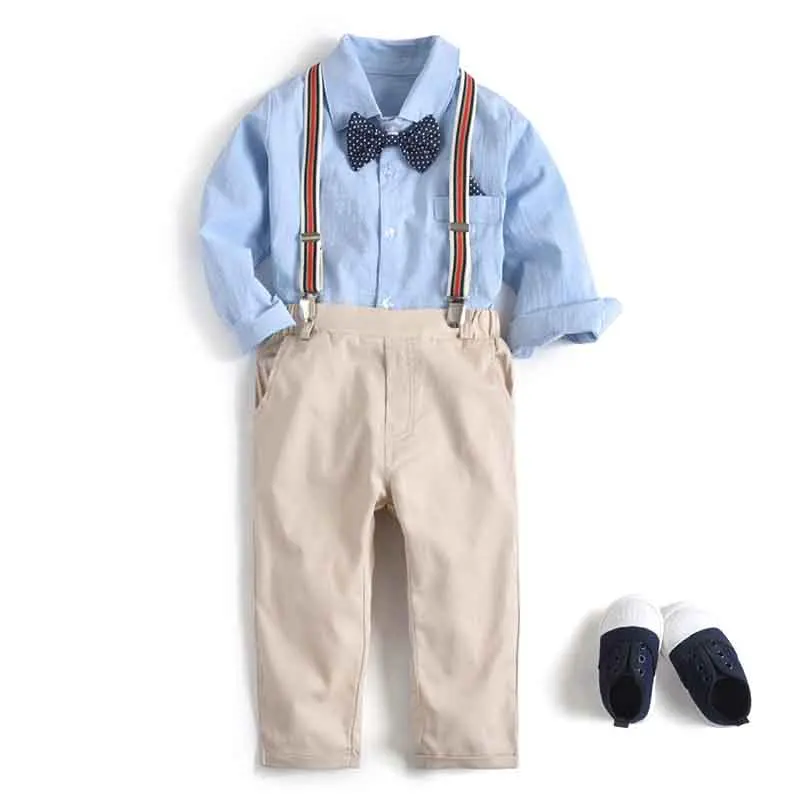 

Весенне-осенний костюм для маленьких мальчиков, рубашка с длинными рукавами, галстук-бабочка + брюки, официальный комплект детской одежды и...