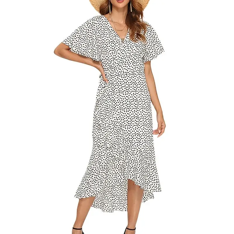 

2021 vestido woman summer beach dress women floral print ruffles wrap casual v-neck split sexy party robe cool boho long chiffon