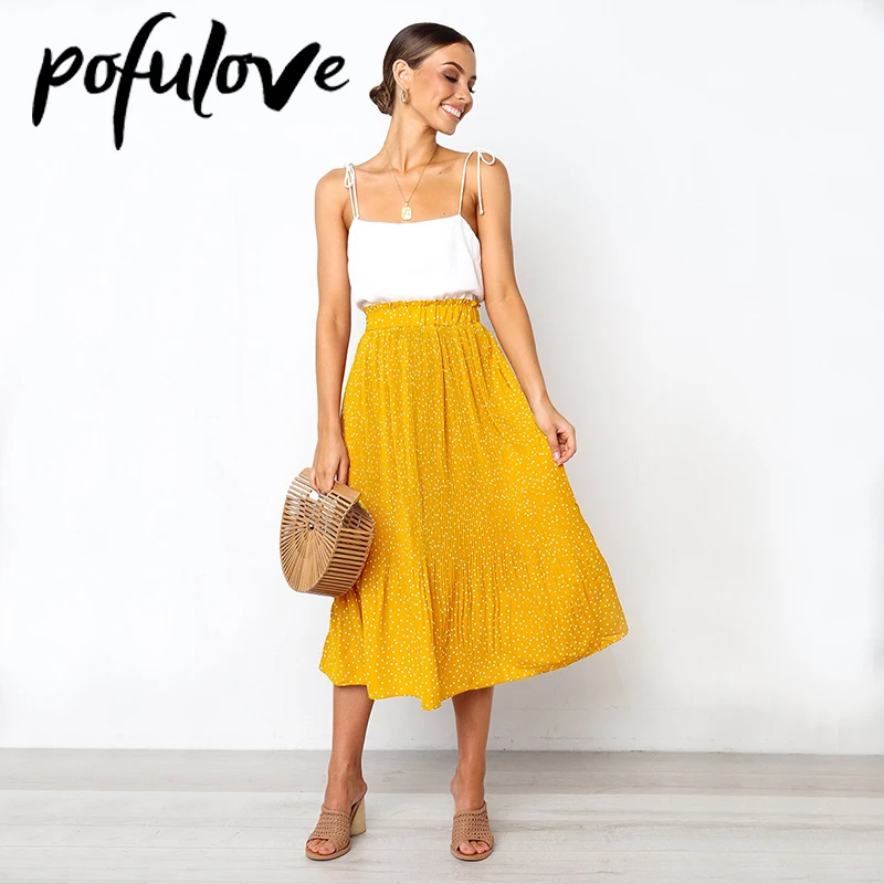 

White Dot Floral Pleated Midi Long Skirt Women Summer Elegant Skirts High Waist Elastic Side Pockets Maxi Faldas Jupe Femme New