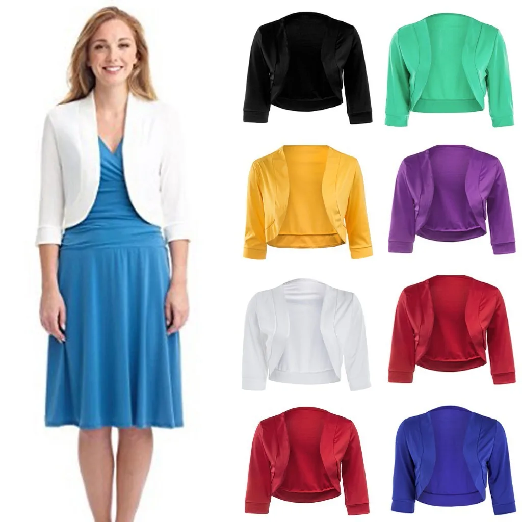 

Модное женское сверхкороткое пальто, Однотонный женский открытый спереди с рукавом 3/4, болеро, болеро, открытый кардиган для женского пальт...