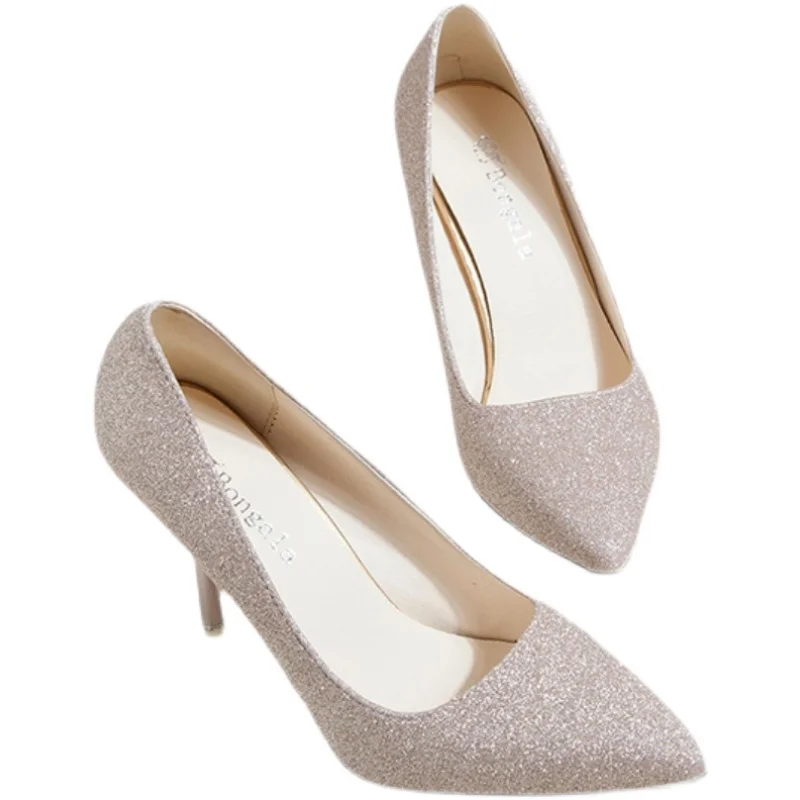 

Fine Heeled Shoes Lace-Up Slip On Pointed Pumps Shallow Mouth 2021 Sandals Ladies Stiletto Gold Silver Beige Spring Slip-On Toe