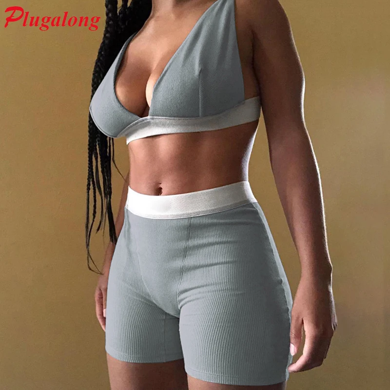 

Plugalong Bikers Shorts Set For Women Sportswear Y2K Aesthetic Bodycon Tracksuits Fitness Cycling Work Out Outfits 2 Pieces Sets