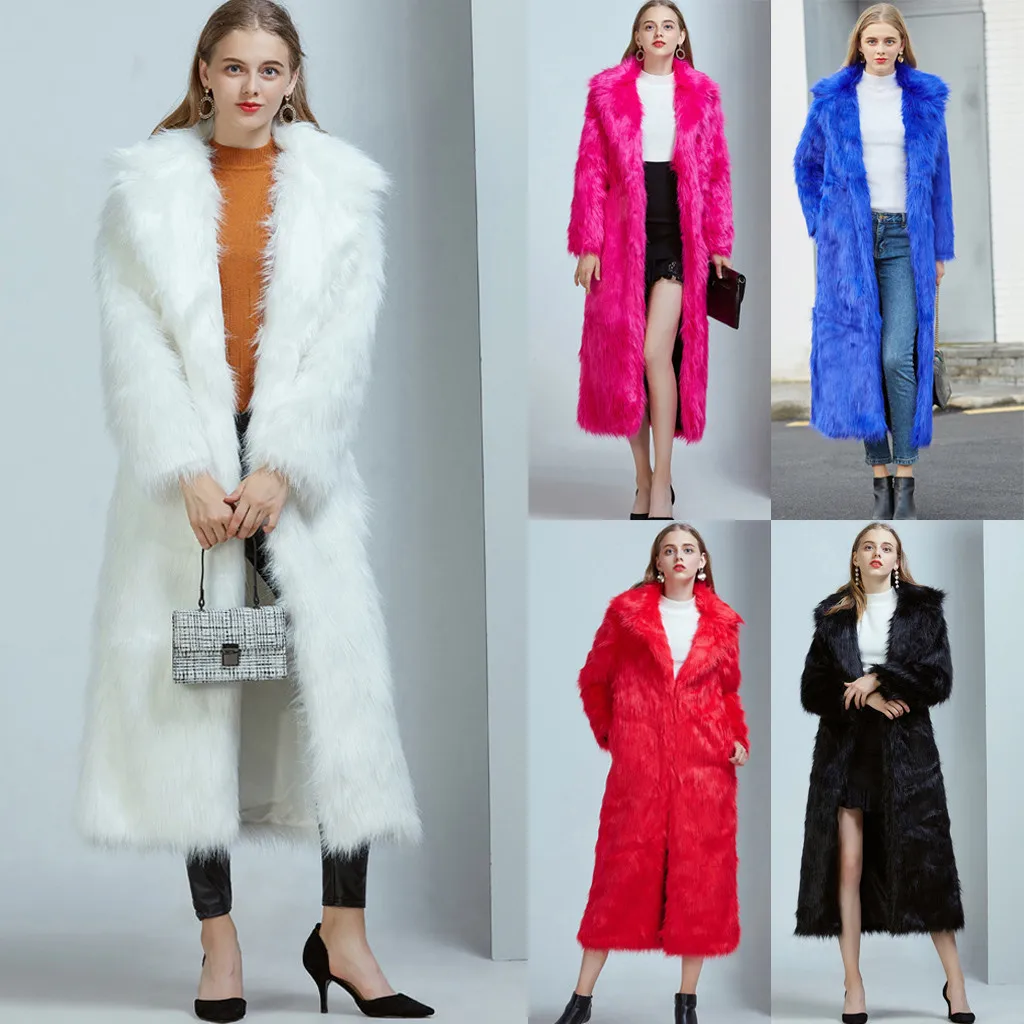 Ladies Faux Fur Wool Lamb Long Coat Fashion Women Outwear Long Sleeves Warm Coat Plush Jacket Long Overcoat Solid Plus Size