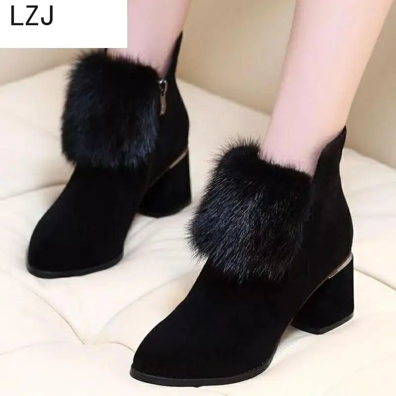 LZJ2019 Autumn Winter Boots Women Camel Black Ankle For Thick Heel Slip On Ladies Shoes Bota Feminina | Обувь