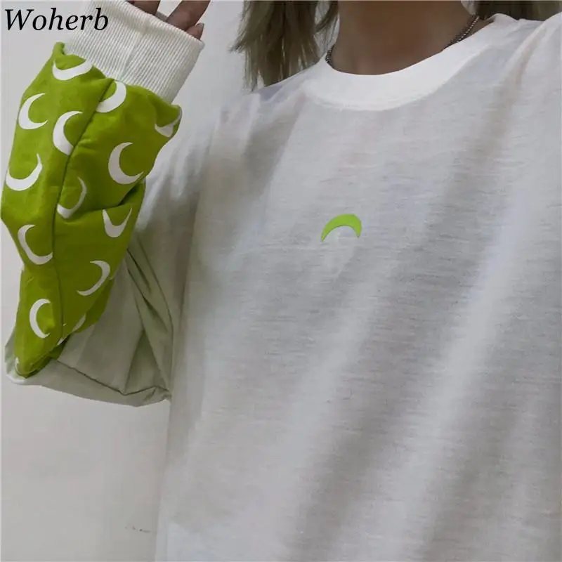 Woherb Fake two pieces Толстовка с принтом Луны из кусков длинным рукавом женские