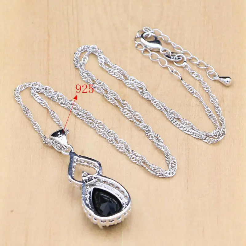 925 Silver Jewelry Black Stone White CZ Sets For Women Party Earrings Pendant Open Rings Bracelet Necklace Set | Украшения и