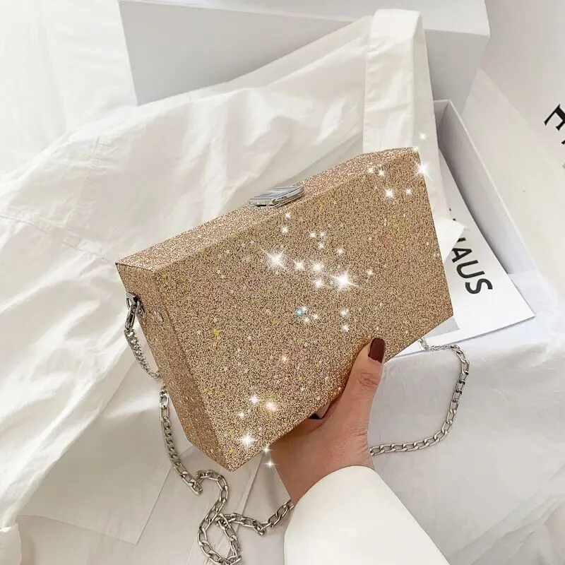 

Women Pu Shoulder Bag Girls Small Box Shape Handbags Women Chain Messenger Bags Ladies Fashion Sequin Star Small Square Bag