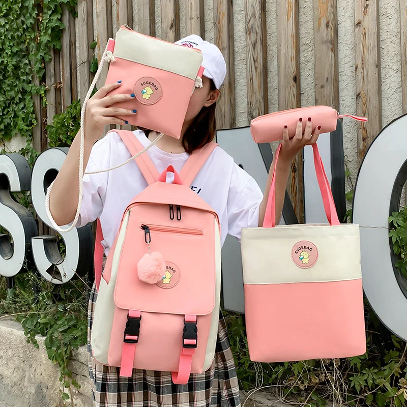 

2020 4Pcs/set Canvas School Bags For Teenager Girls Students Larger Capacity Women School Travel Backpacks Female Book Bags