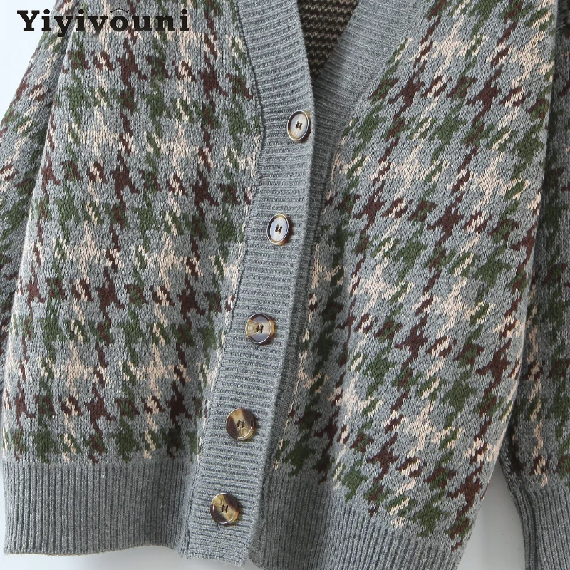 

Yiyiyouni Casual Oversized Plaid Knitted Sweater Cardigan Women Long Sleeve Sweater Coat Women Korean Loose Jumper Autumn Winter