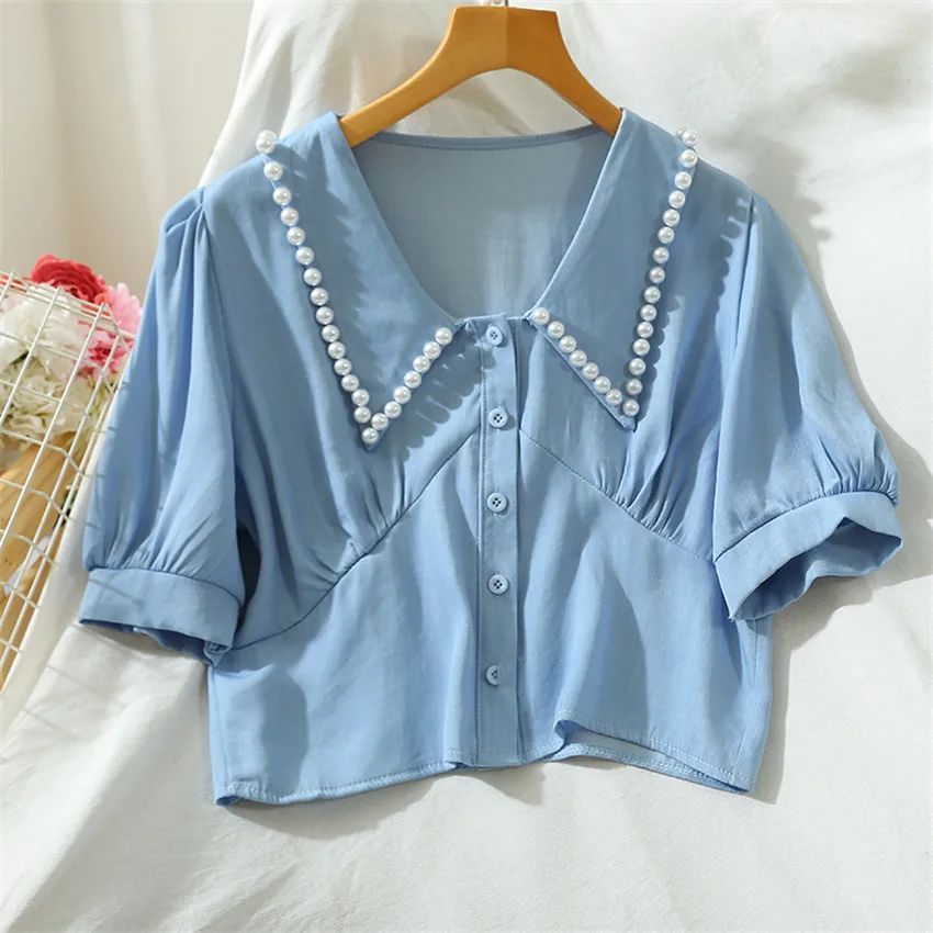Летний укороченный топ с жемчугом Элегантная блузка пышными рукавами корейская