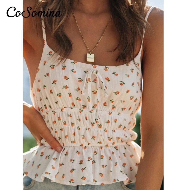 

CoSomina Sexy Spaghetti Strap Floral Print Cami Tops Summer Women 2021 Ruffled Elastic High Waist Female Tops Ladies Party Tops