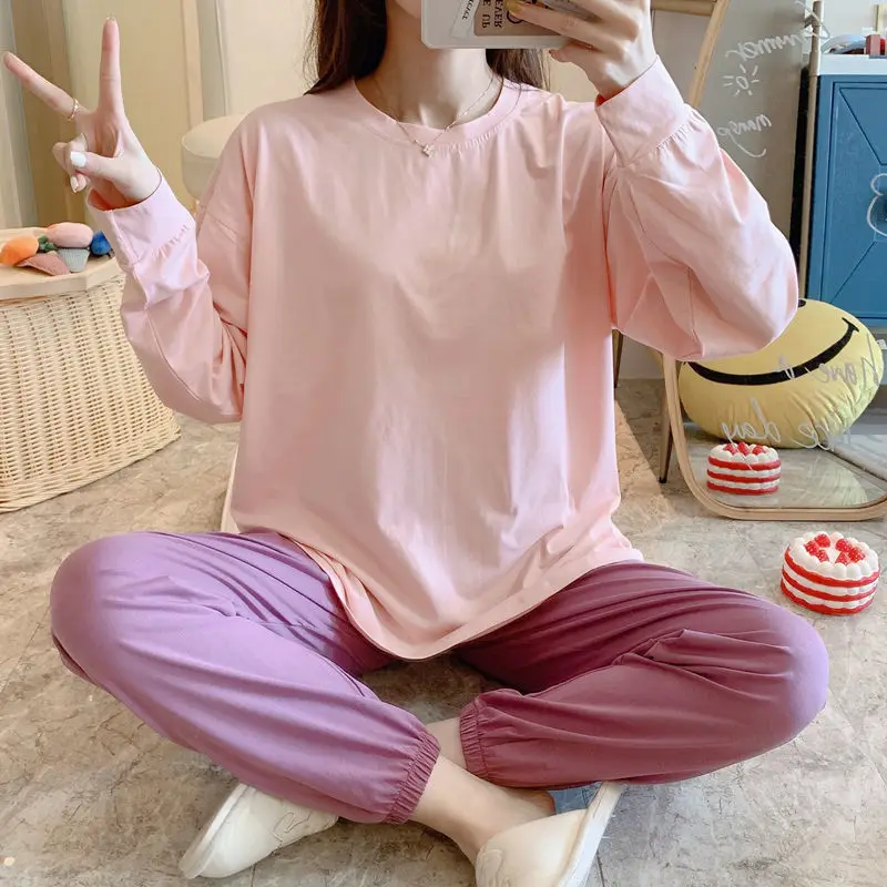 SOUGEN Pajamas for Women's Spring and Autumn Long-sleeved Trousers Cotton Two-piece Casual Simple Style Home Service Nightwear