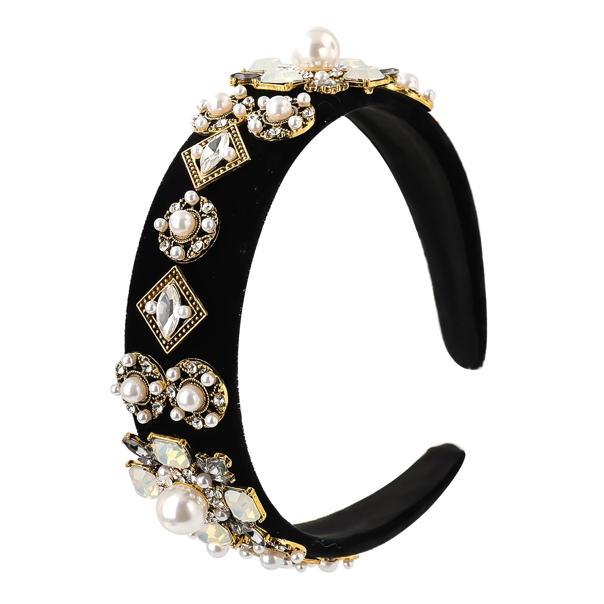 

2021 New Fashion Flannel Rhinestone Inlaid Pearl Flower Geometric Headband for Women Fairy Precious Head Hair Accessory