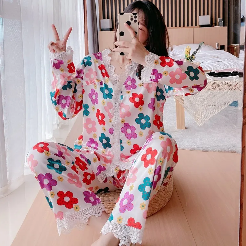 Ice Silk Pajamas Women's Spring Summer Long Sleeve Trousers 2Pcs Set Nightwear Korean Thin Simple Fashion Home Wear Sleepwear