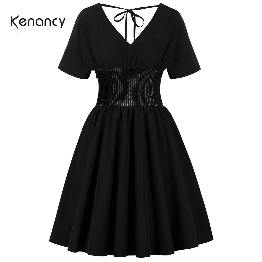 Женское винтажное платье Kenancy однотонное черное трапециевидной формы с v