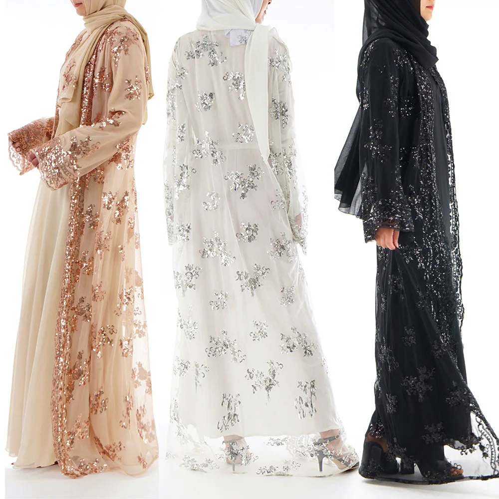 Женское Абая для мусульман, Дубай роскошное кимоно с блестками, кардиган, халат, мусульманское платье с вышивкой, кружевной Рамадан, кафтан, ...