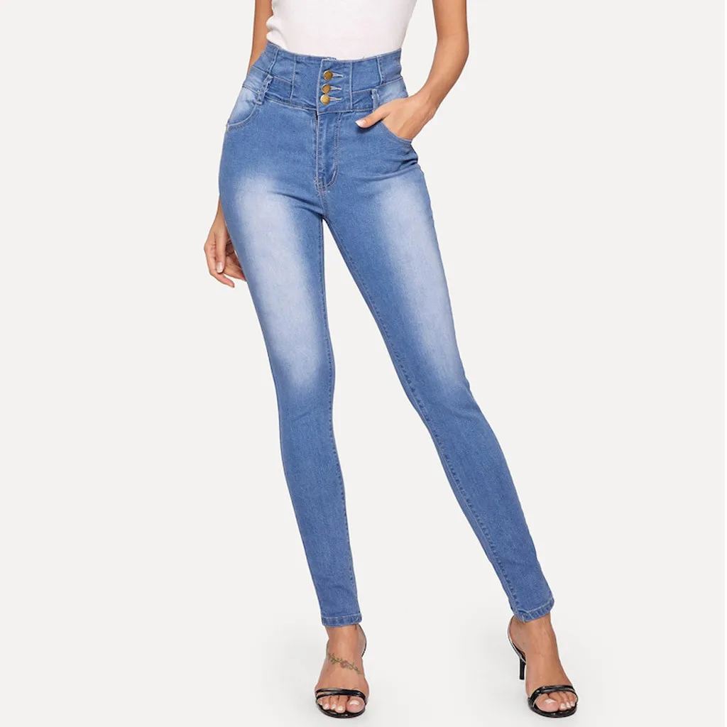 Women Autumn Elastic Button Jeans Female Pant Slim Stretch Jeans Blue Ladies Small Feet Cropped Pencil Pant#BL20