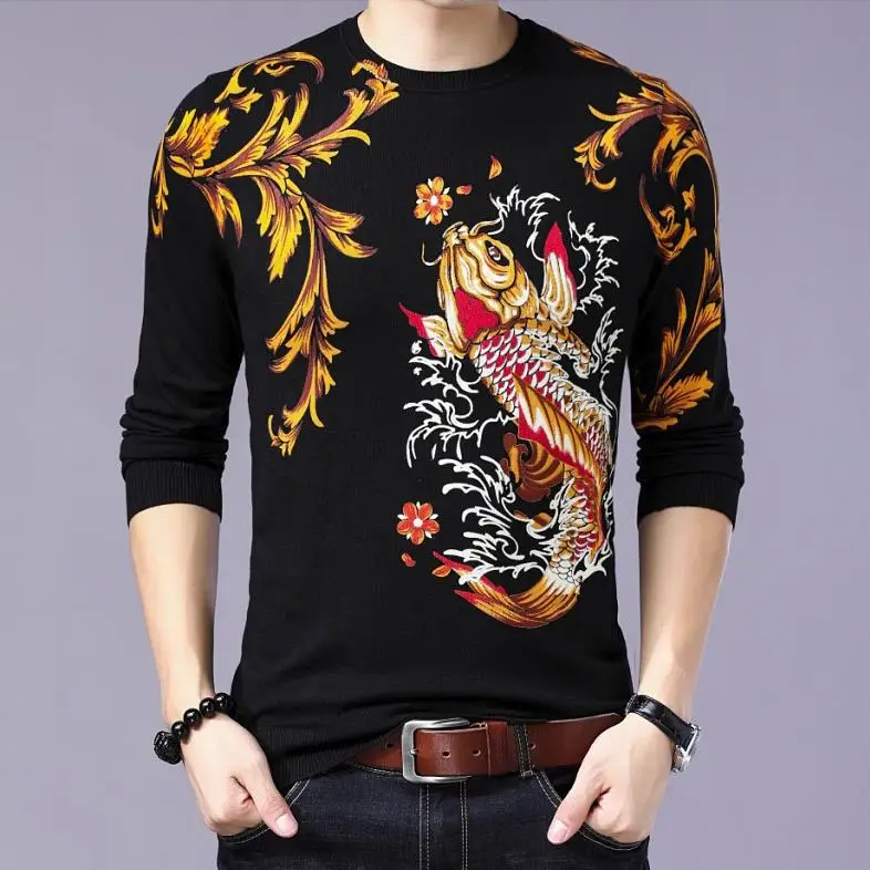 Мужской осенне весенний тонкий пуловер с цветочным принтом карпа рыбы мужские