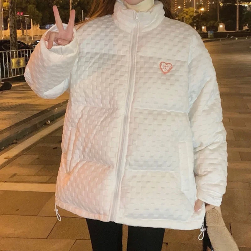

Autumn and Winter Korean 2021 New Waffle Gree Collar Loose Thickened Couple Warm Long Sleeve Cotton Jacket Women