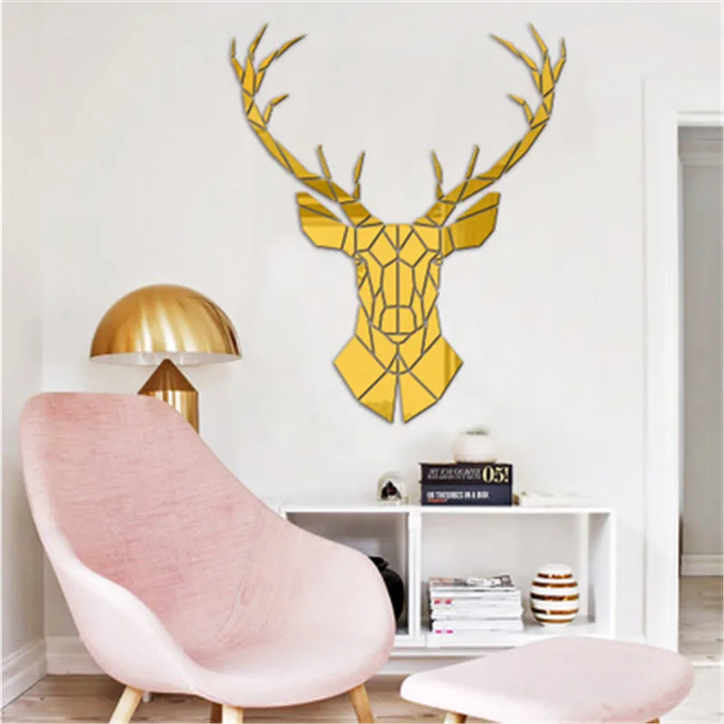3D зеркальные акриловые настенные наклейки с головой оленя декоративные в