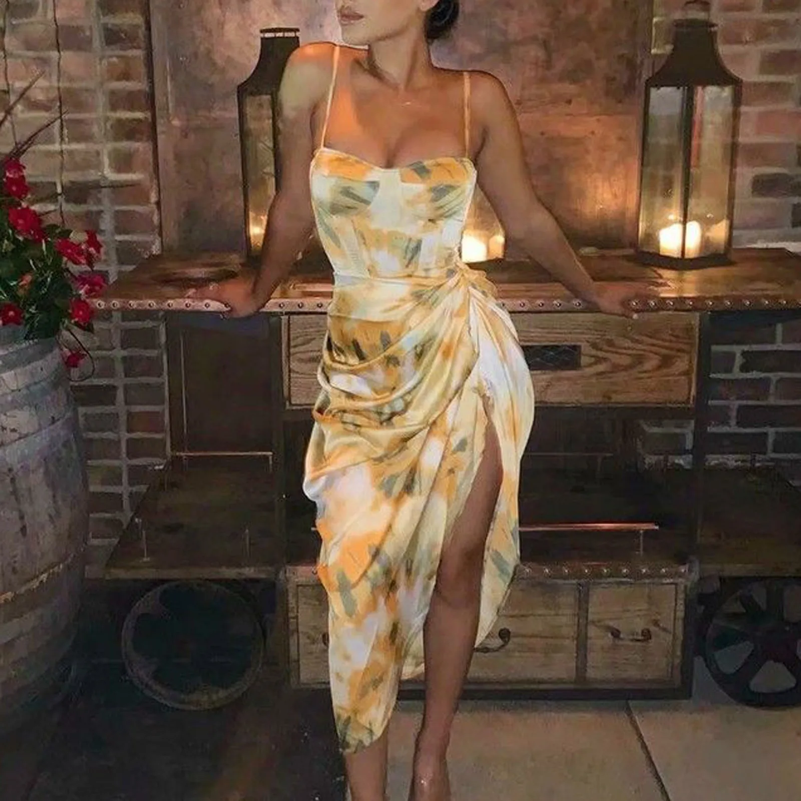 

Women's 2021 Vintage Yellow Tie dye Flower print Spaghetti Strap Dress Hem Slim Waist Slit Irregular Long Dresses Sling Vestido