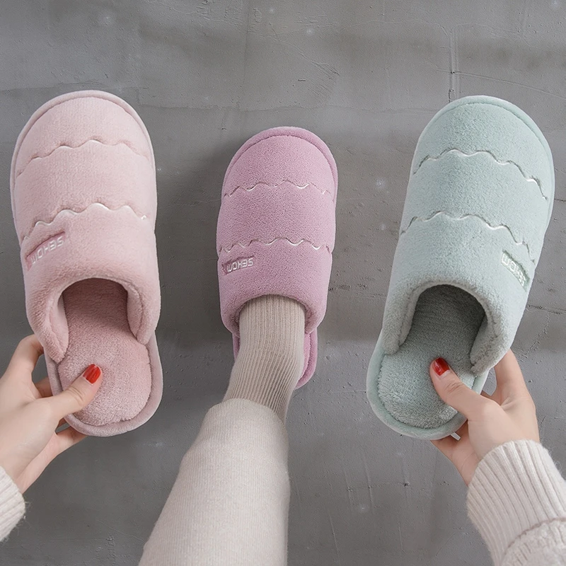 Women Winter Home Slippers Solid Non-slip Warm Indoors Bedroom Floor Shoes Plush Slippers Couple Faux Fur Slides Flip Flops