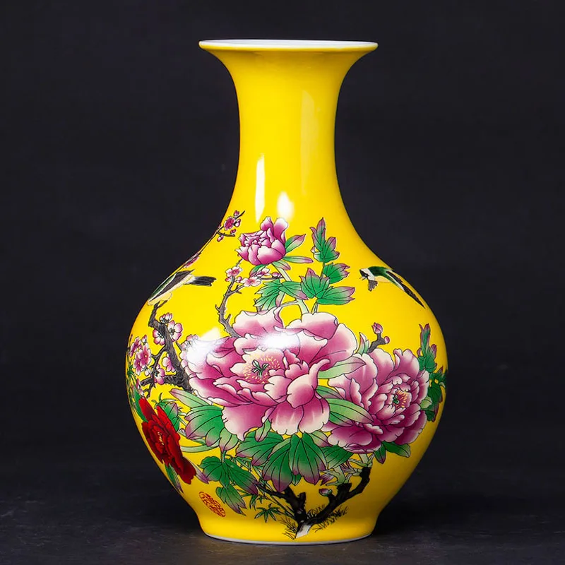 

Classic Yellow Glaze Ceramic Lotus Peony Flower Vase Water Dried Flower Arrangement for Home Decoration