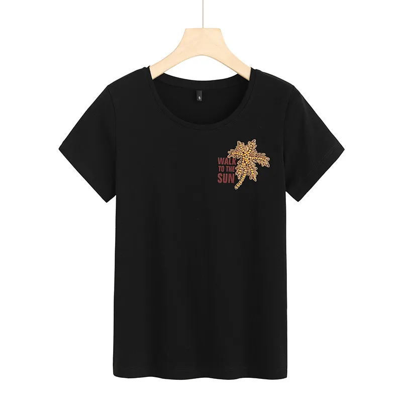 

Hand nailed bead 2021 summer new short sleeve round neck t-shirt design 6802