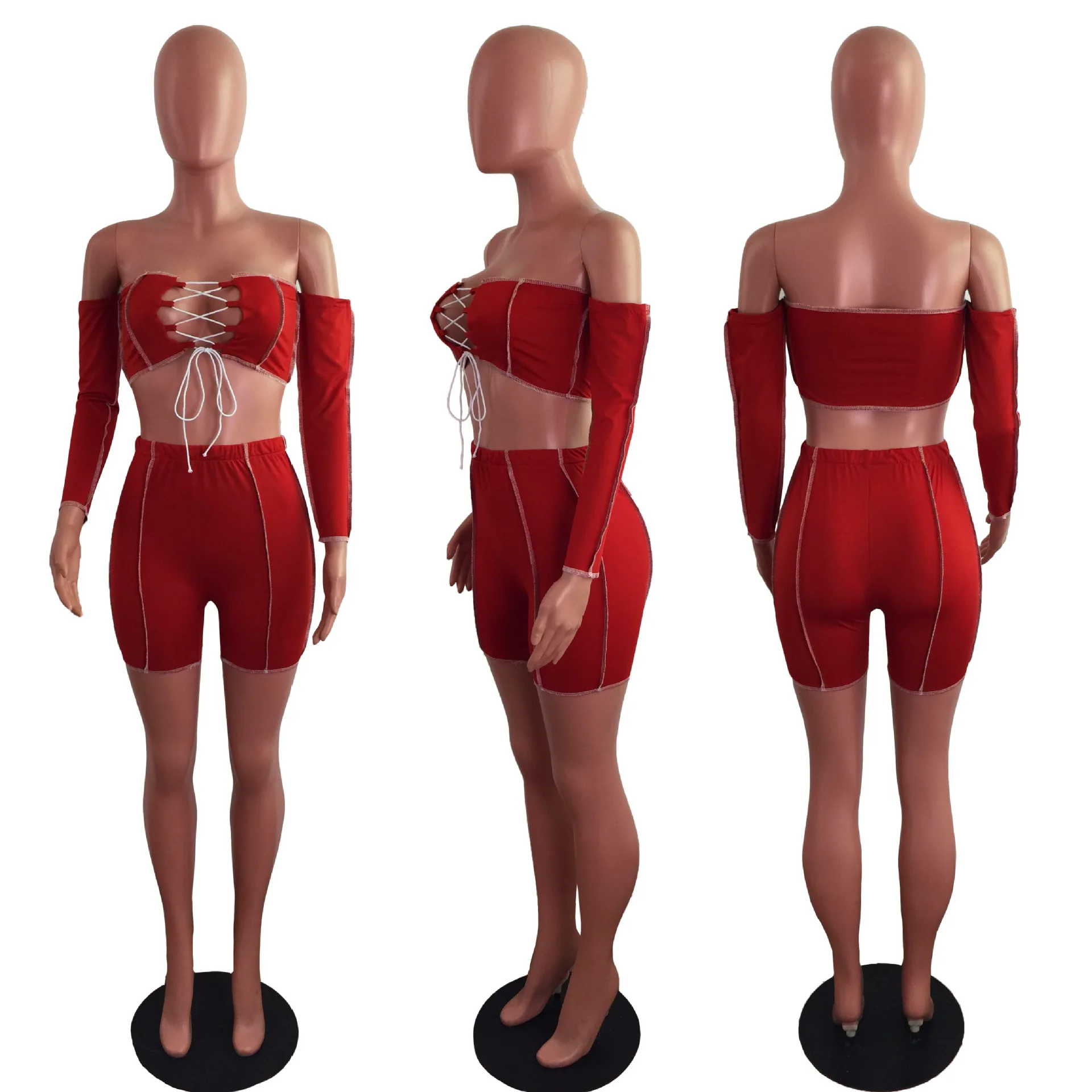 

A&BHelenss Summer 2021 Off Shoulder Cropped Top and Biker Shorts Tracksuit Casual Joggers 2 Piece Set Women Streetwear Outfits