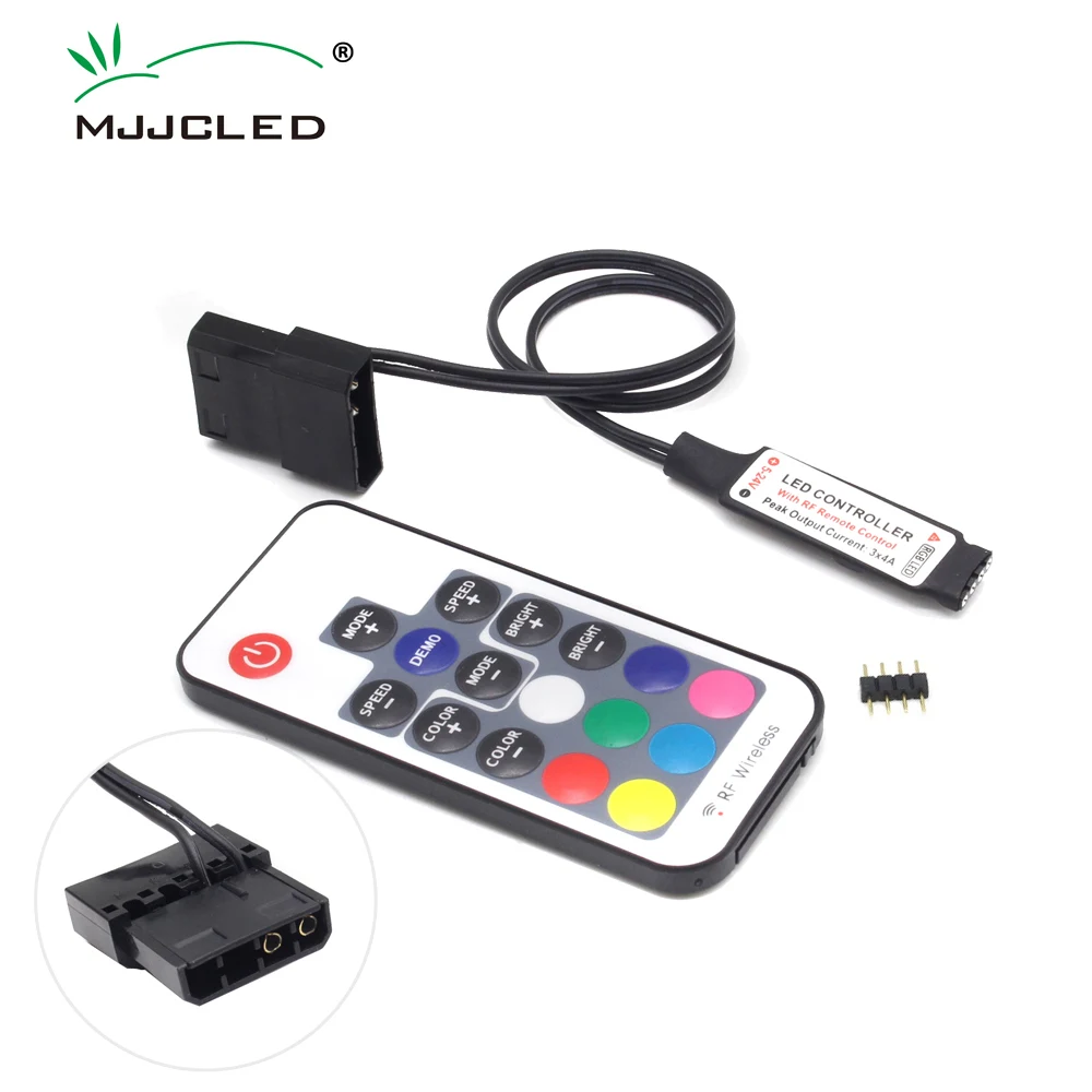 MJJC SATA RGB Led Controller 12V DC 5050 RF17 Keys Remote Wireless Large 4Pin Controler for PC Fan Computer Case Strip Lighting | Освещение