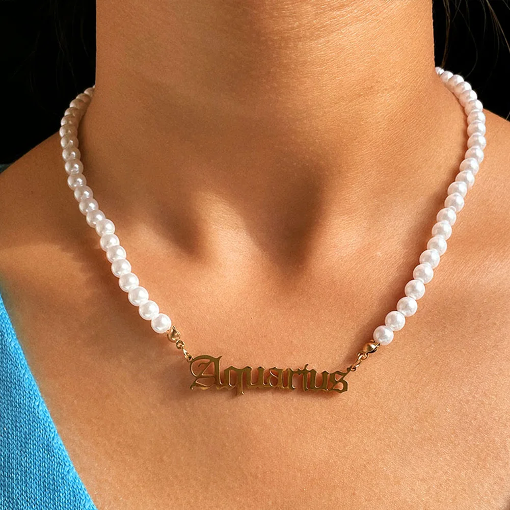 

2022 New Twelve Constellation Pearls Chain Necklace For Women Babygirl Letters Clavicle Choker Necklaces Fashion Jewelry Party