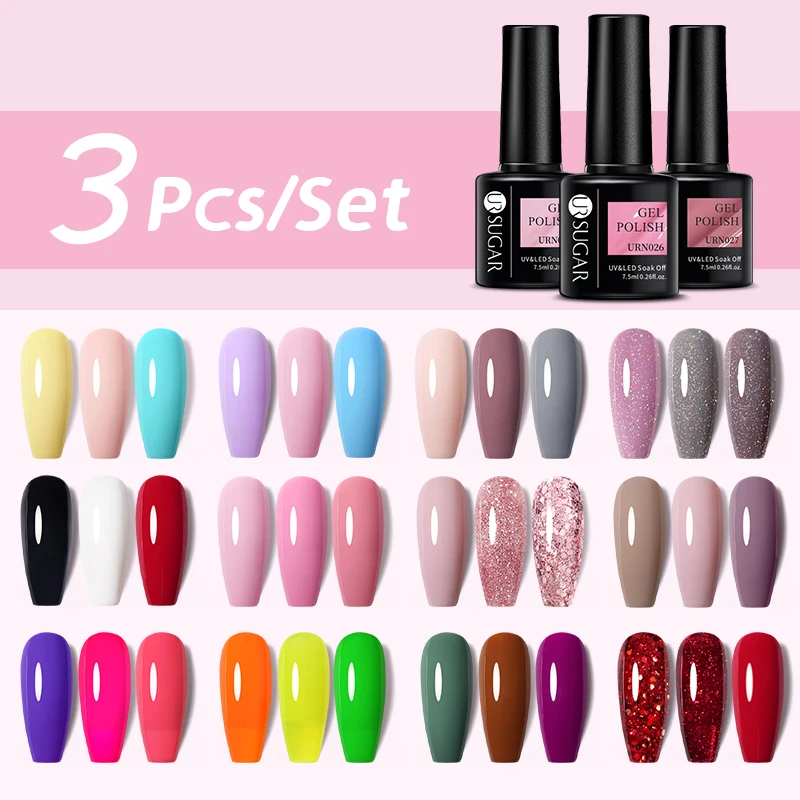 

UR SUGAR 7.5ml Gel Nail Polish Set 2/3Pcs Glitter Semi Permanent Vernis UV LED Nail Art Varnish Hybrid Base Top Coat For Gel