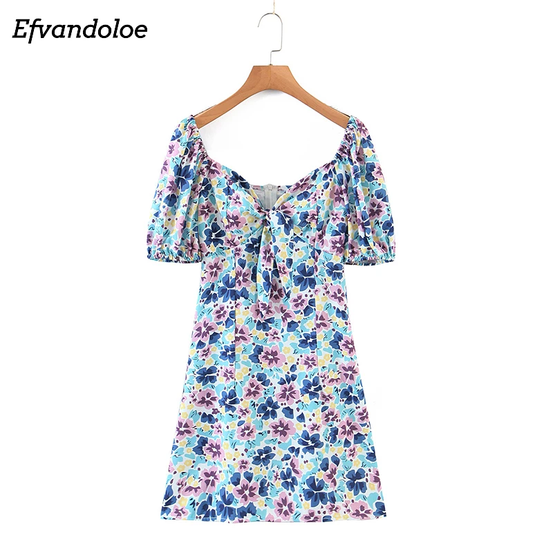 

Женское мини-платье с цветочным принтом, летнее милое платье с квадратным вырезом и коротким рукавом, платье с открытой спиной, 2021