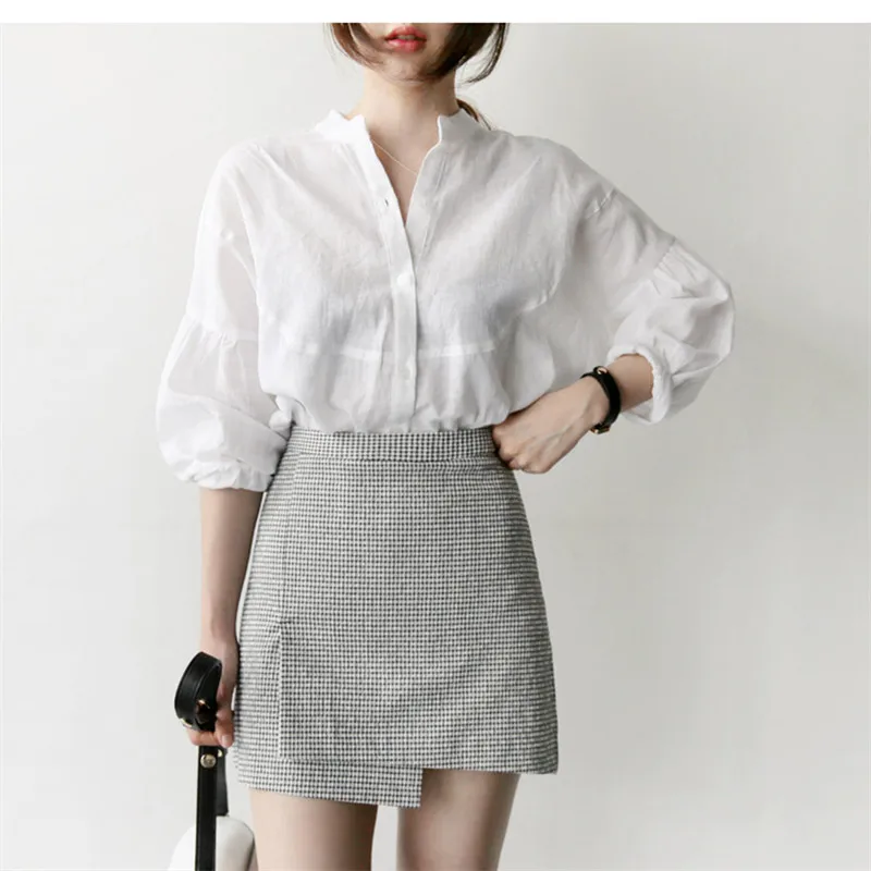 Блузка женская в клетку с высокой талией топ оверсайз длинным рукавом и мини-юбка