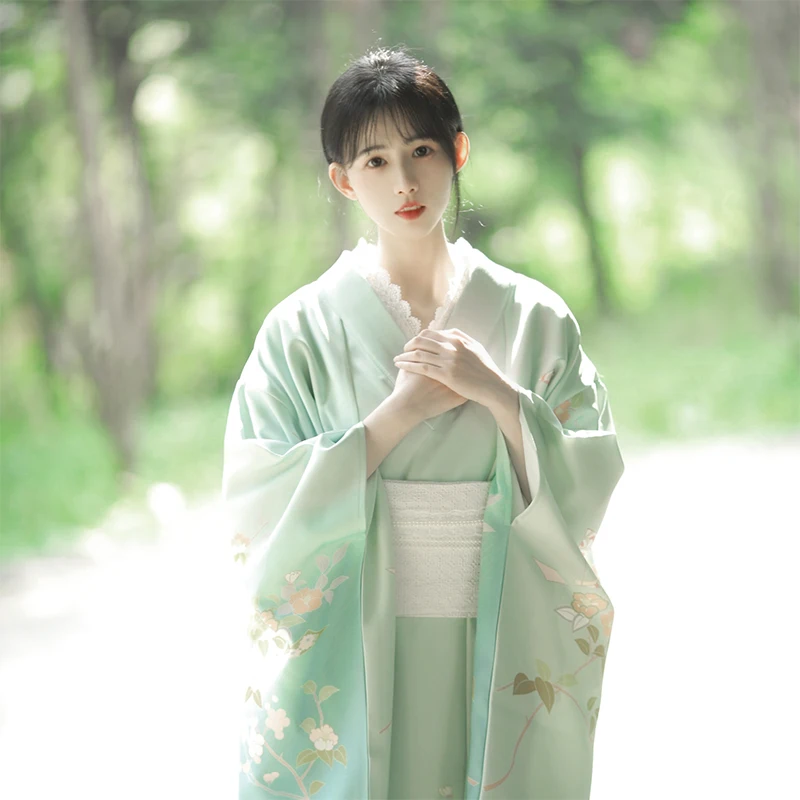 

Japanese Traditional Women's Long Sleeve Kimono Beautiful Blue Color Classic Yukata Performing Dress Cosplay Costume Photo Wear